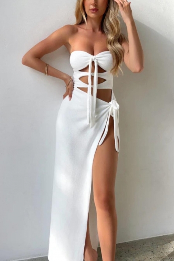 sexy solid color stretch cutout lace-up tube design slit maxi dress