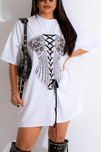 casual slight stretch fixed printing eyelet lace-up loose mini dress