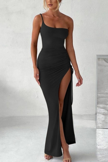 sexy slight stretch solid color sling high slit drawstring maxi dress