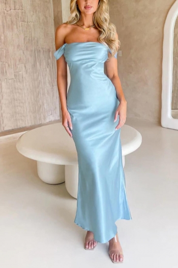 stylish non-stretch solid color off-shoulder zip-up satin maxi dress