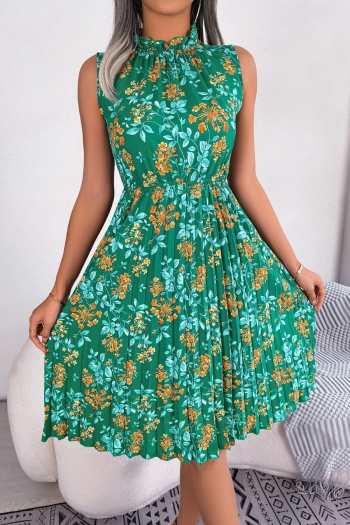 casual floral batch printing non-stretch sleeveless pleated midi dress