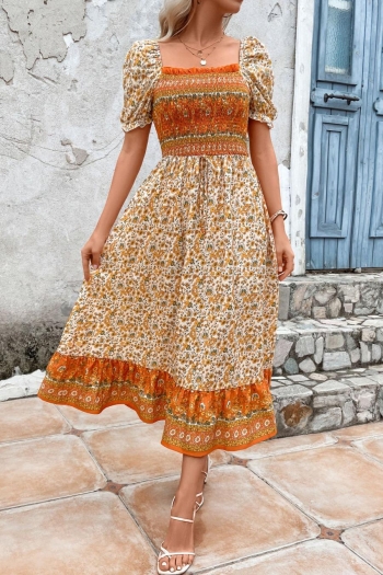 bohemian plus size non-stretch floral printing square-neck midi dress