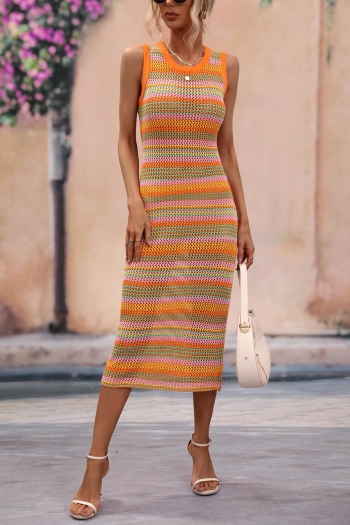 sexy slight stretch orange stripe cut out knitted sleeveless midi dress
