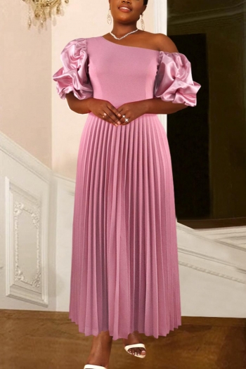 casual slight stretch one shoulder short sleeve pleated maxi dress