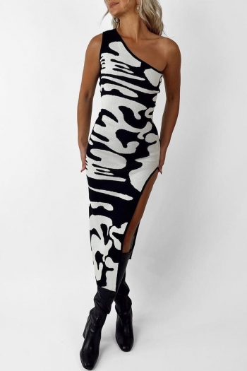 sexy stretch zebra pattern knitted one shoulder high slit midi dress