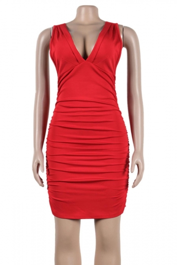 Sexy solid color stretch shirring deep-v sling backless slim mini dress