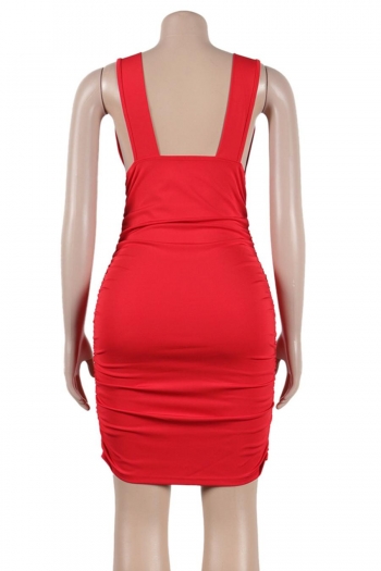 Sexy solid color stretch shirring deep-v sling backless slim mini dress