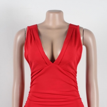 Sexy solid color stretch shirring deep-v sling backless slim mini dress