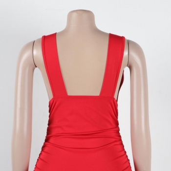 Sexy solid color stretch shirring deep-v sling backless slim mini dress