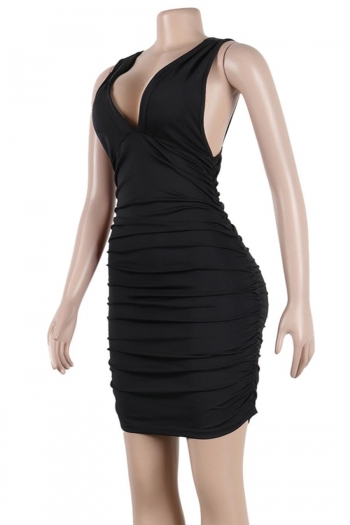 Sexy solid color stretch shirring deep-v sling backless slim mini dress