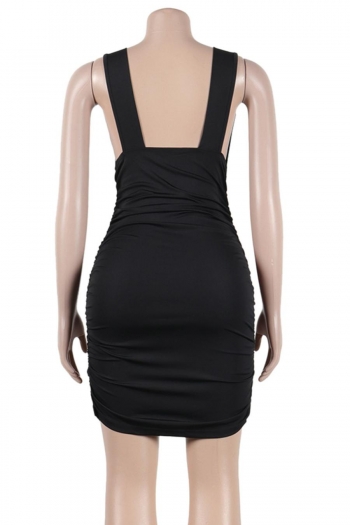 Sexy solid color stretch shirring deep-v sling backless slim mini dress