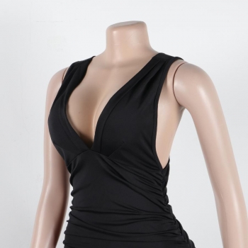 Sexy solid color stretch shirring deep-v sling backless slim mini dress