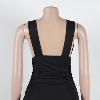 Sexy solid color stretch shirring deep-v sling backless slim mini dress