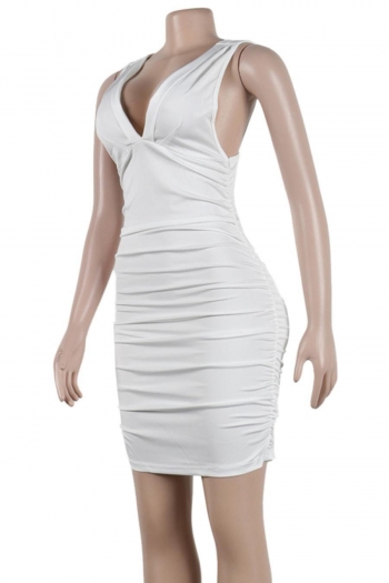 Sexy solid color stretch shirring deep-v sling backless slim mini dress