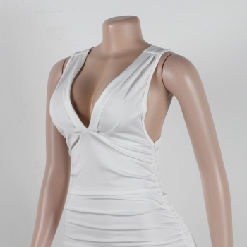 Sexy solid color stretch shirring deep-v sling backless slim mini dress