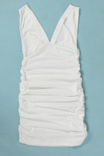 Sexy solid color stretch shirring deep-v sling backless slim mini dress