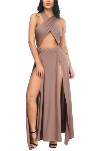 sexy m-3xl solid color high stretch cutout shirring high slit maxi dress