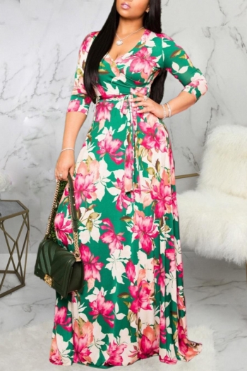 stylish plus size floral batch printing non-stretch v-neck with belt maxi dress
