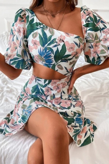 sexy non-stretch floral batch printing cutout puff sleeve mini dress