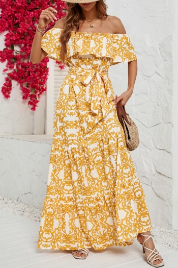 casual non-stretch batch printing off shoulder with belt maxi dress