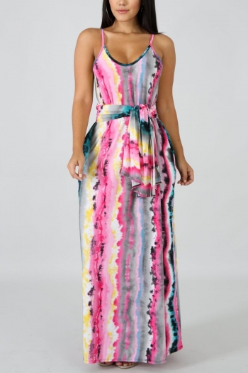 sexy plus size stretch tie-dye printing low-cut sling maxi dress(with belt)