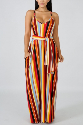 sexy plus size stretch stripe printing low-cut sling maxi dress(with belt)