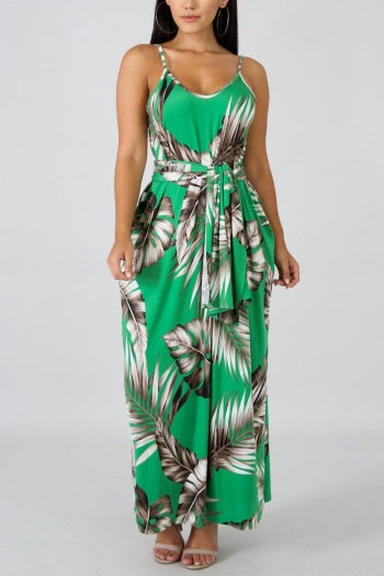 sexy plus size stretch leaf printing low-cut sling maxi dress(with belt)