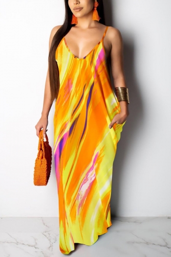 stylish plus size stretch tie-dye printing pocket sling backless maxi dress