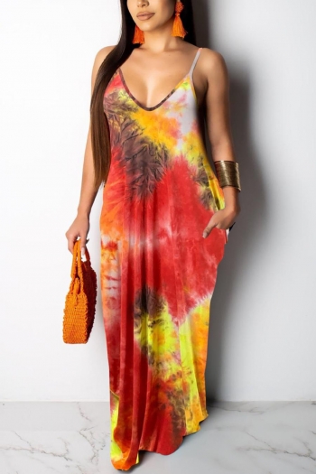 stylish plus size stretch tie-dye printing pocket sling backless maxi dress #1