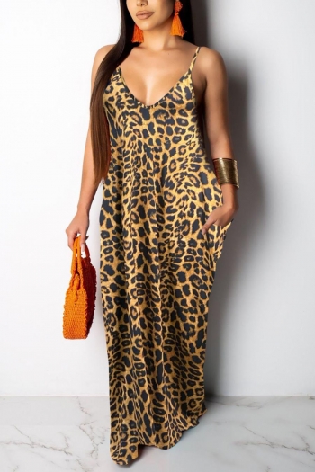 stylish plus size stretch leopard printing pocket sling backless maxi dress