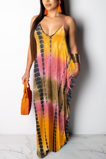 stylish plus size stretch tie-dye printing pocket sling backless maxi dress #2