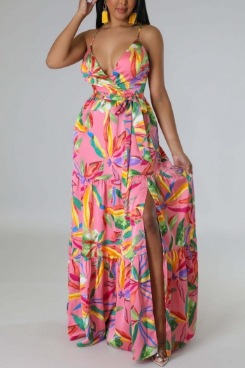 sexy plus size non-stretch floral printing cross sling with belt maxi dress
