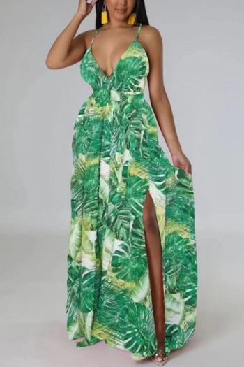 sexy plus size non-stretch leaf printing cross sling with belt maxi dress