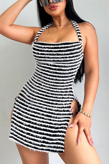 sexy plus-size slight stretch stripe heart shape slit hollow slit mini dress