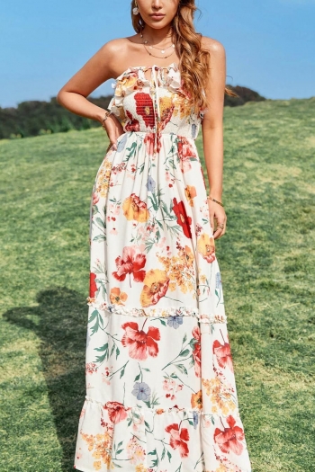 sexy floral printing non-stretch tube design ruffle backless maxi dress