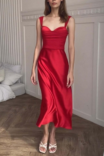 sexy non-stretch solid color sling pleated high slit satin midi dress