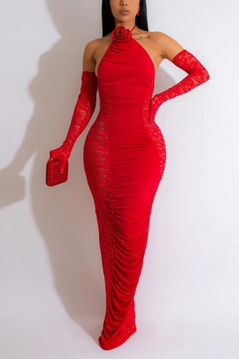 sexy plus-size slight stretch lace shirring slit with gloves maxi dress