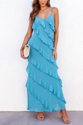 sexy solid color non-stretch ruffle sling backless side slit lined maxi dress