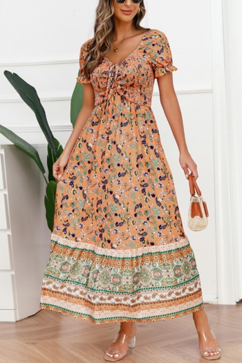 bohemian plus size slight stretch floral printing v-neck drawstring maxi dress