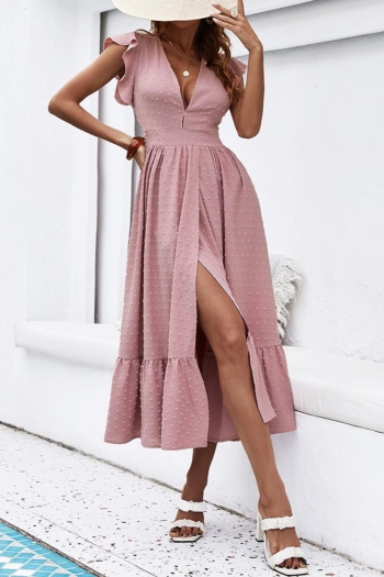 sexy non-stretch solid color jacquard deep v slit midi dress