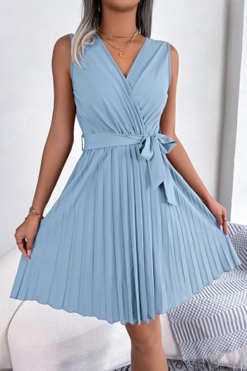 casual solid color non-stretch v-neck pleated with belt mini dress