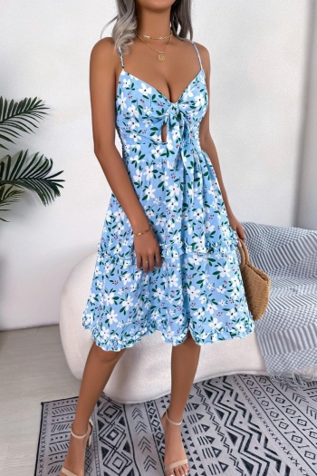 sexy floral batch printing non-stretch hollow lace-up sling midi dress