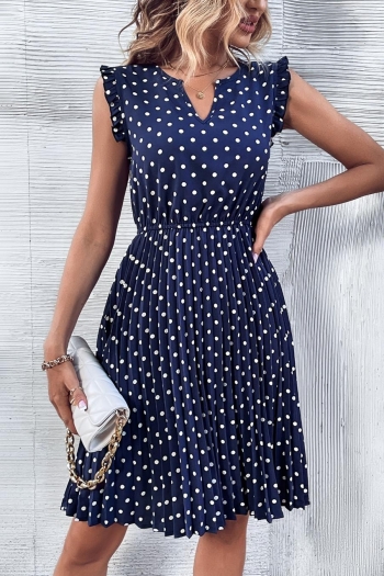 stylish non-stretch polka dot batch printing sleeveless pleated midi dress