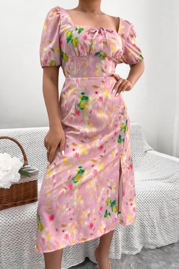 casual non-stretch floral batch printing lace-up square neck slit midi dress#1
