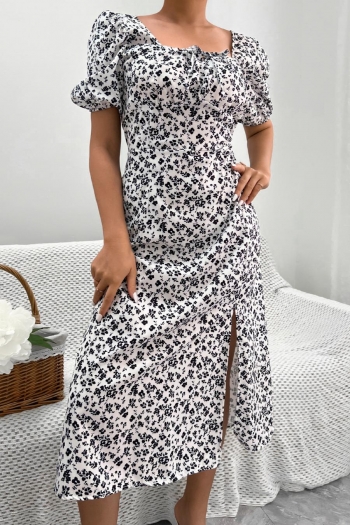casual non-stretch floral batch printing lace-up square neck slit midi dress#3