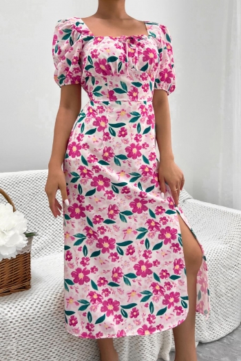 casual non-stretch floral batch printing lace-up square neck slit midi dress#5