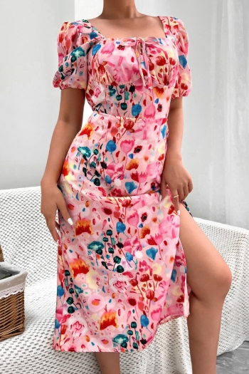 casual non-stretch floral batch printing lace-up square neck slit midi dress#6
