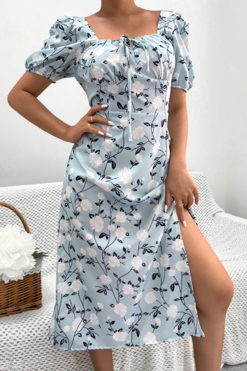 casual non-stretch floral batch printing lace-up square neck slit midi dress#7