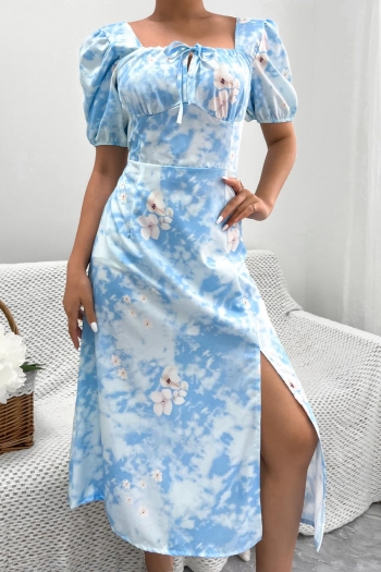 casual non-stretch floral batch printing lace-up square neck slit midi dress#8