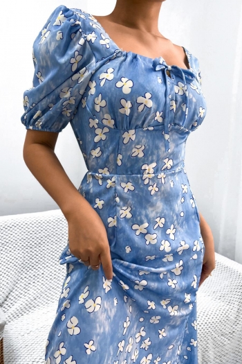 casual non-stretch floral batch printing lace-up square neck slit midi dress#9